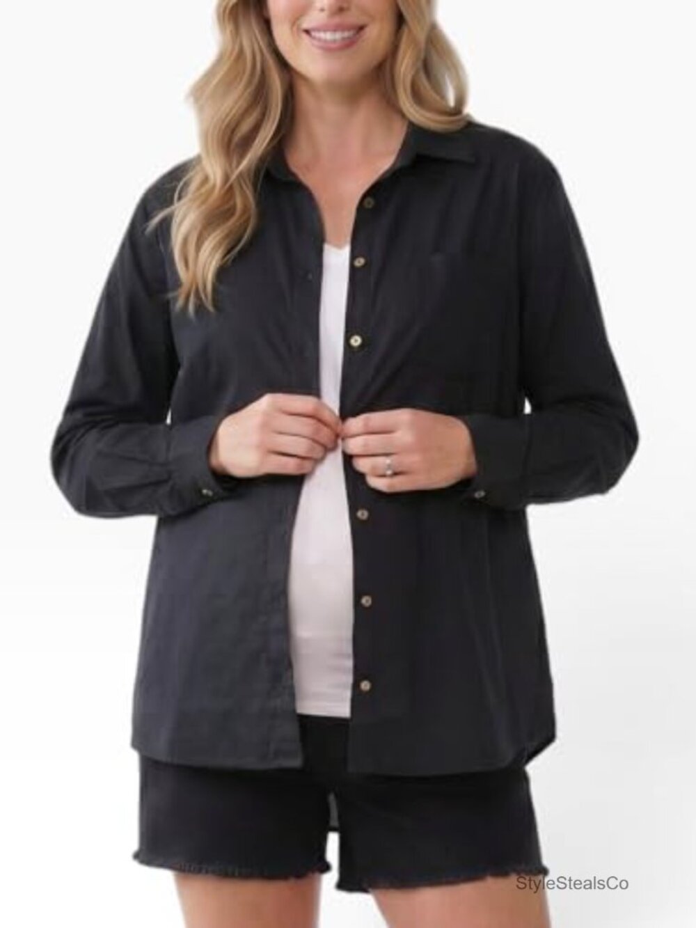 Oversized Maternity Button Down Poplin Long Sleeve Shirt - Picture 2 of 5